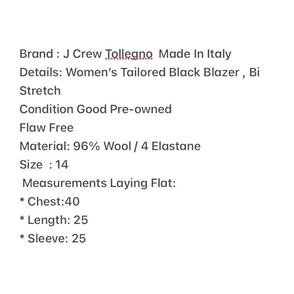 J.Crew 1035 Black Bi-Stretch Italian Wool Blazer Tollegno 1900 Jacket Womens 14 - Picture 5 of 5